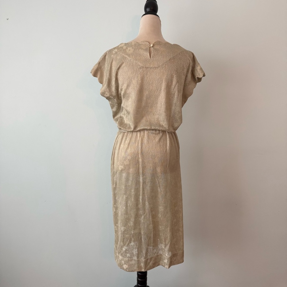 💚 Vintage Sage Green Sheer Jacquard Belted Midi Dress Scalloped Neck - Picture 7 of 14